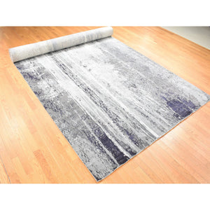 8'1"x23'10" Misty Gray With Touches Of Ivory, Modern Abstract Design, Wool And Silk Hand Knotted, Wide And Long Super Rare Gallery Size Oriental Rug FWR483858