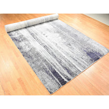 Load image into Gallery viewer, 8&#39;1&quot;x23&#39;10&quot; Misty Gray With Touches Of Ivory, Modern Abstract Design, Wool And Silk Hand Knotted, Wide And Long Super Rare Gallery Size Oriental Rug FWR483858