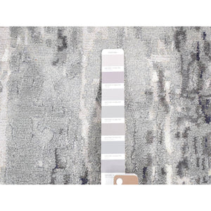 8'1"x23'10" Misty Gray With Touches Of Ivory, Modern Abstract Design, Wool And Silk Hand Knotted, Wide And Long Super Rare Gallery Size Oriental Rug FWR483858