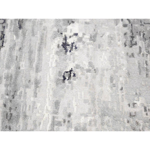 8'1"x23'10" Misty Gray With Touches Of Ivory, Modern Abstract Design, Wool And Silk Hand Knotted, Wide And Long Super Rare Gallery Size Oriental Rug FWR483858