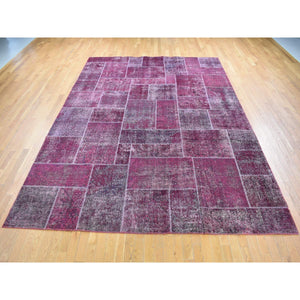 9'1"x12'10" Vermilion Red, Vintage Overdyed Persian Patchwork Design, Handmade Hand Knotted Pure Wool, Oriental Rug FWR483972