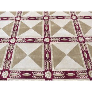 10'x13'9" Ivory, Hand Knotted, Modern Nepali Neo Classic Block Design, Pure Wool, Oriental Rug FWR484032