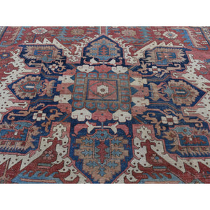 12'3"x18'6" Blush Red, Antique Persian Serapi Heriz With Helicopter Design, Even Wear, Clean, Sides And Ends Professionally Secured, Hand Knotted, Pure Wool, Oversized Oriental Rug FWR484188