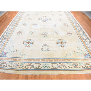 13'9"x23'5" Ivory, Vintage Chinese, Ming Dynasty Design, Hand Knotted, Full Pile, Xl, Sides And Edges Professionally Secured, Pure Wool Oriental Rug FWR484206