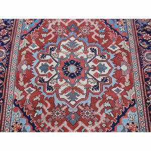 4'9"x5'9" Crimson Red, Antique Persian Serapi Heriz, Good Condition, Soft and Supple, Even Wear, Clean with Sides and Ends Professionally Secured, Hand Knotted, Pure Wool Oriental Rug FWR484248