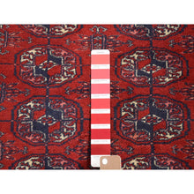 Load image into Gallery viewer, 3&#39;1&quot;x5&#39;4&quot; Crimson Red, Old Turkeman Bokara, Elephant Feet Medallions, Soft And Supple, Full Even Pile, Clean With Sides And Ends Professionally Secured, Hand Knotted, Pure Wool Oriental Rug FWR484314