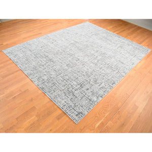 9'2x12'3" Medium Gray, The Matrix Design, Pure Silk With Textured Wool, Tone On Tone, Hand Knotted, Oriental Rug FWR484380