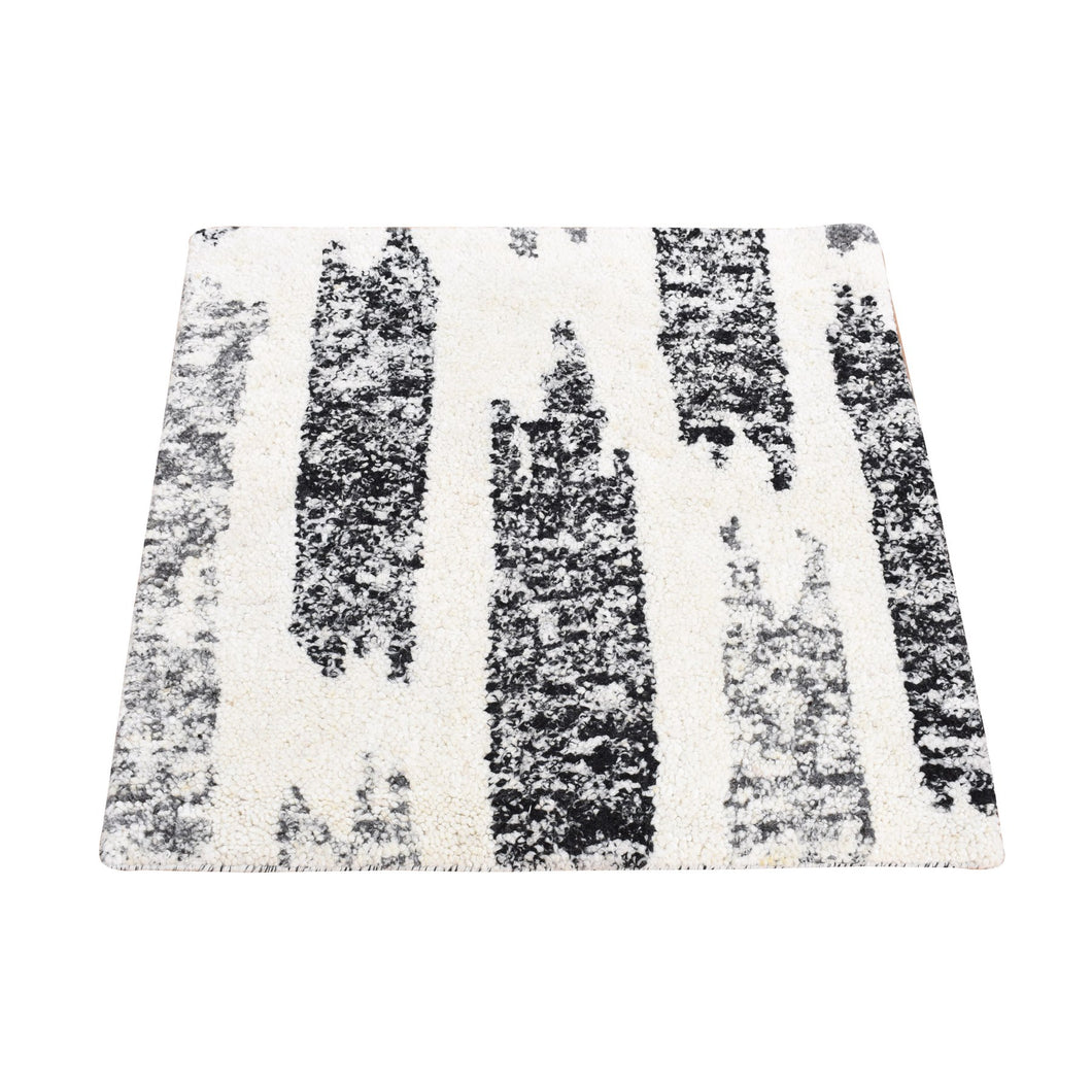 3'x3' Black, Modern Erased Column Design Thick and Plush, Organic Undyed Wool Hand Knotted, Square Oriental Rug FWR484536