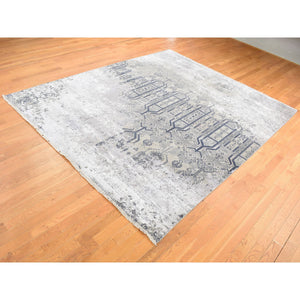 8'x9'10" Agreeable Gray, Dense Weave Broken And Erased Geometric Design, Art Wool And Silk Hand Knotted, Oriental Rug FWR484752
