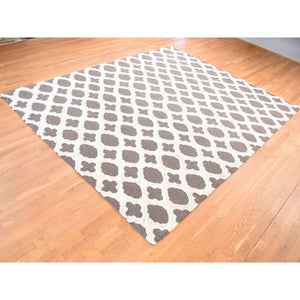 9'3"x11'7" Ivory And Gray, Moroccan Weave, Soft Wool, Hand Knotted, High And Lo Pile With Trills Design, Oriental Rug FWR484842