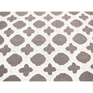 9'3"x11'7" Ivory And Gray, Moroccan Weave, Soft Wool, Hand Knotted, High And Lo Pile With Trills Design, Oriental Rug FWR484842