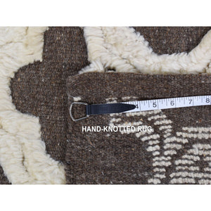 9'3"x11'7" Ivory And Gray, Moroccan Weave, Soft Wool, Hand Knotted, High And Lo Pile With Trills Design, Oriental Rug FWR484842