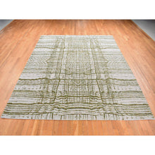 Load image into Gallery viewer, 9&#39;2&quot;x11&#39;8&quot; Gray Fine Jacquard Hand Loomed, Modern Broken Criss Cross Line Design with Greens, Wool And Silk, Hand Knotted, Oriental Rug FWR484908
