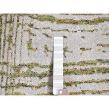 Load image into Gallery viewer, 9&#39;2&quot;x11&#39;8&quot; Gray Fine Jacquard Hand Loomed, Modern Broken Criss Cross Line Design with Greens, Wool And Silk, Hand Knotted, Oriental Rug FWR484908