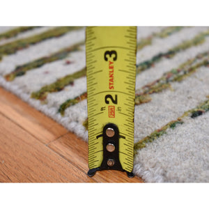 9'2"x11'8" Gray Fine Jacquard Hand Loomed, Modern Broken Criss Cross Line Design with Greens, Wool And Silk, Hand Knotted, Oriental Rug FWR484908