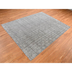 7'10"x10'3" Goose Gray, Pure Silk With Textured Wool, Roman Key Design, Hand Knotted, Oriental Rug FWR484992