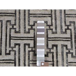 7'10"x10'3" Goose Gray, Pure Silk With Textured Wool, Roman Key Design, Hand Knotted, Oriental Rug FWR484992