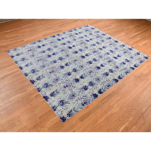 8'x10' Purple, Repetitive Geometric Flower Design, Sari Silk With Textured Wool, Hand Knotted, Oriental Rug FWR485046