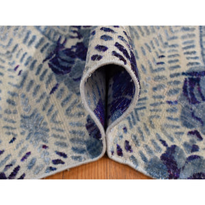 8'x10' Purple, Repetitive Geometric Flower Design, Sari Silk With Textured Wool, Hand Knotted, Oriental Rug FWR485046