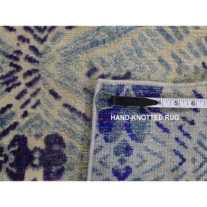 8'x10' Purple, Repetitive Geometric Flower Design, Sari Silk With Textured Wool, Hand Knotted, Oriental Rug FWR485046