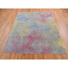 Load image into Gallery viewer, 8&#39;x10&#39; Carbon Gray, Trellis In The Spring, Pastel Shades, Wool And Pure Silk, Hi-lo Pile, Hand Knotted, Oriental Rug FWR485070