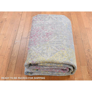 8'x10' Carbon Gray, Trellis In The Spring, Pastel Shades, Wool And Pure Silk, Hi-lo Pile, Hand Knotted, Oriental Rug FWR485070