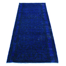 Load image into Gallery viewer, 4&#39;x9&#39;4&quot; Dark Sapphire Blue, Pure Wool, Handmade, Overdyed Vintage Persian Houssienabad Fish Mahi All Over Design, Wide Runner, Oriental Rug FWR485238