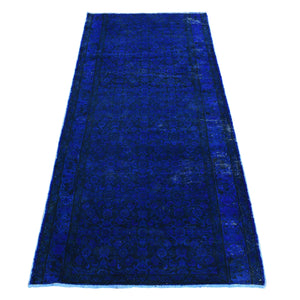 4'x9'4" Dark Sapphire Blue, Pure Wool, Handmade, Overdyed Vintage Persian Houssienabad Fish Mahi All Over Design, Wide Runner, Oriental Rug FWR485238