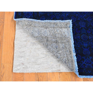 4'x9'4" Dark Sapphire Blue, Pure Wool, Handmade, Overdyed Vintage Persian Houssienabad Fish Mahi All Over Design, Wide Runner, Oriental Rug FWR485238
