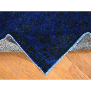 4'x9'4" Dark Sapphire Blue, Pure Wool, Handmade, Overdyed Vintage Persian Houssienabad Fish Mahi All Over Design, Wide Runner, Oriental Rug FWR485238