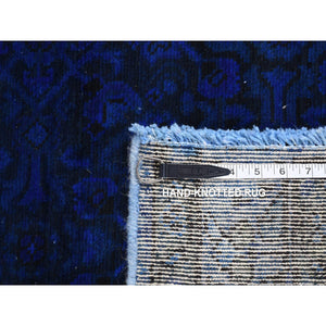 4'x9'4" Dark Sapphire Blue, Pure Wool, Handmade, Overdyed Vintage Persian Houssienabad Fish Mahi All Over Design, Wide Runner, Oriental Rug FWR485238