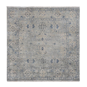 10'2"x10'2" Periwinkle Blue, Hand Knotted, Distressed, Oushak Design, Pure Silk with Textured Wool, Square Oriental Rug FWR485352