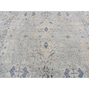 10'2"x10'2" Periwinkle Blue, Hand Knotted, Distressed, Oushak Design, Pure Silk with Textured Wool, Square Oriental Rug FWR485352