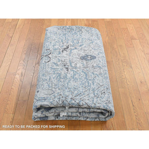 10'2"x10'2" Periwinkle Blue, Hand Knotted, Distressed, Oushak Design, Pure Silk with Textured Wool, Square Oriental Rug FWR485352