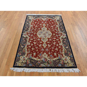 4'1"x6'4" Ajax Red, Kashan Design, 400 KPSI, Pure Silk, Hand Knotted, Oriental Rug FWR485358