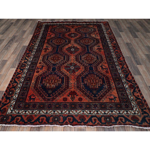 4'10"x7'10" Burnt Orange, Vintage Persian Shiraz with Geometric Pattern, Small Animal Figurines, Shaved Down, Zero Pile, Sides and Ends Professionally Secured, Hand Knotted, Pure Wool, Oriental Rug FWR4848