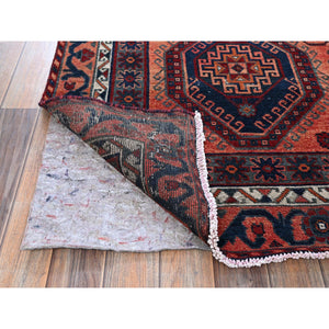 4'10"x7'10" Burnt Orange, Vintage Persian Shiraz with Geometric Pattern, Small Animal Figurines, Shaved Down, Zero Pile, Sides and Ends Professionally Secured, Hand Knotted, Pure Wool, Oriental Rug FWR4848