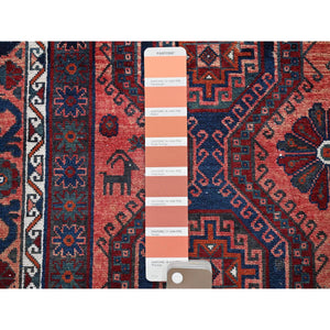 4'10"x7'10" Burnt Orange, Vintage Persian Shiraz with Geometric Pattern, Small Animal Figurines, Shaved Down, Zero Pile, Sides and Ends Professionally Secured, Hand Knotted, Pure Wool, Oriental Rug FWR4848