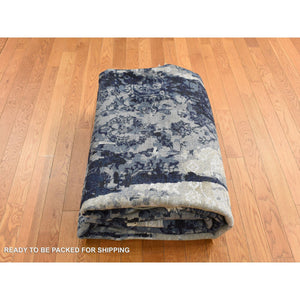 8'x9'9" Battleship Gray, Wool And Silk, Dripping Ink Shibori Transitional Design, Tone On Tone, Hand Knotted, Oriental Rug FWR485472