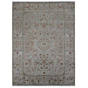 10'1"x13'9" French Gray, Pure Silk with Textured Wool, Mughal Inspired Branch and Flower Design, Hand Knotted, Oriental Rug FWR485490