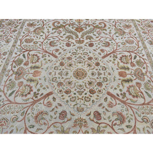 10'1"x13'9" French Gray, Pure Silk with Textured Wool, Mughal Inspired Branch and Flower Design, Hand Knotted, Oriental Rug FWR485490