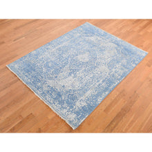 Load image into Gallery viewer, 5&#39;1&quot;x7&#39; Denim Blue, Wool And Pure Silk, Hand Knotted, Broken And Erased Persian Design, Oriental Rug FWR485562