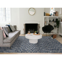 Load image into Gallery viewer, 9&#39;2&quot;x12&#39; Steel Blue, Modern Fence Design, Wool and Art Silk, Tone on Tone, Hand Loomed, Oriental Rug FWR485670