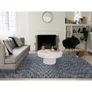 9'2"x12' Steel Blue, Modern Fence Design, Wool and Art Silk, Tone on Tone, Hand Loomed, Oriental Rug FWR485670