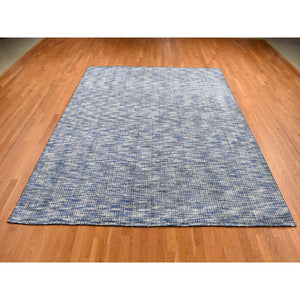 9'2"x12' Steel Blue, Modern Fence Design, Wool and Art Silk, Tone on Tone, Hand Loomed, Oriental Rug FWR485670