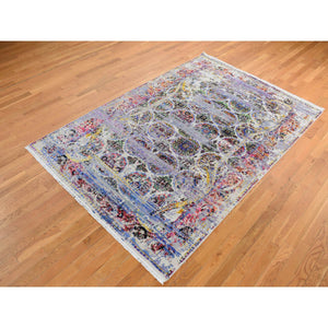 6'x9'1" Ash Gray, Colorful Erased Rossets, Sari Silk With Textured Wool, Hand Knotted, Oriental Rug FWR485790