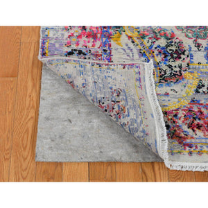 6'x9'1" Ash Gray, Colorful Erased Rossets, Sari Silk With Textured Wool, Hand Knotted, Oriental Rug FWR485790