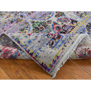 6'x9'1" Ash Gray, Colorful Erased Rossets, Sari Silk With Textured Wool, Hand Knotted, Oriental Rug FWR485790