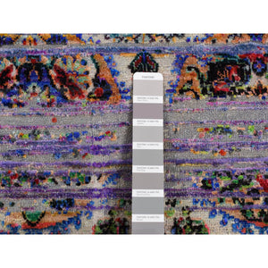 6'x9'1" Ash Gray, Colorful Erased Rossets, Sari Silk With Textured Wool, Hand Knotted, Oriental Rug FWR485790
