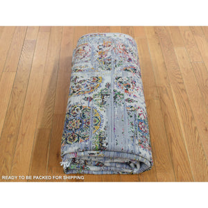 6'x9'1" Ash Gray, Colorful Erased Rossets, Sari Silk With Textured Wool, Hand Knotted, Oriental Rug FWR485790